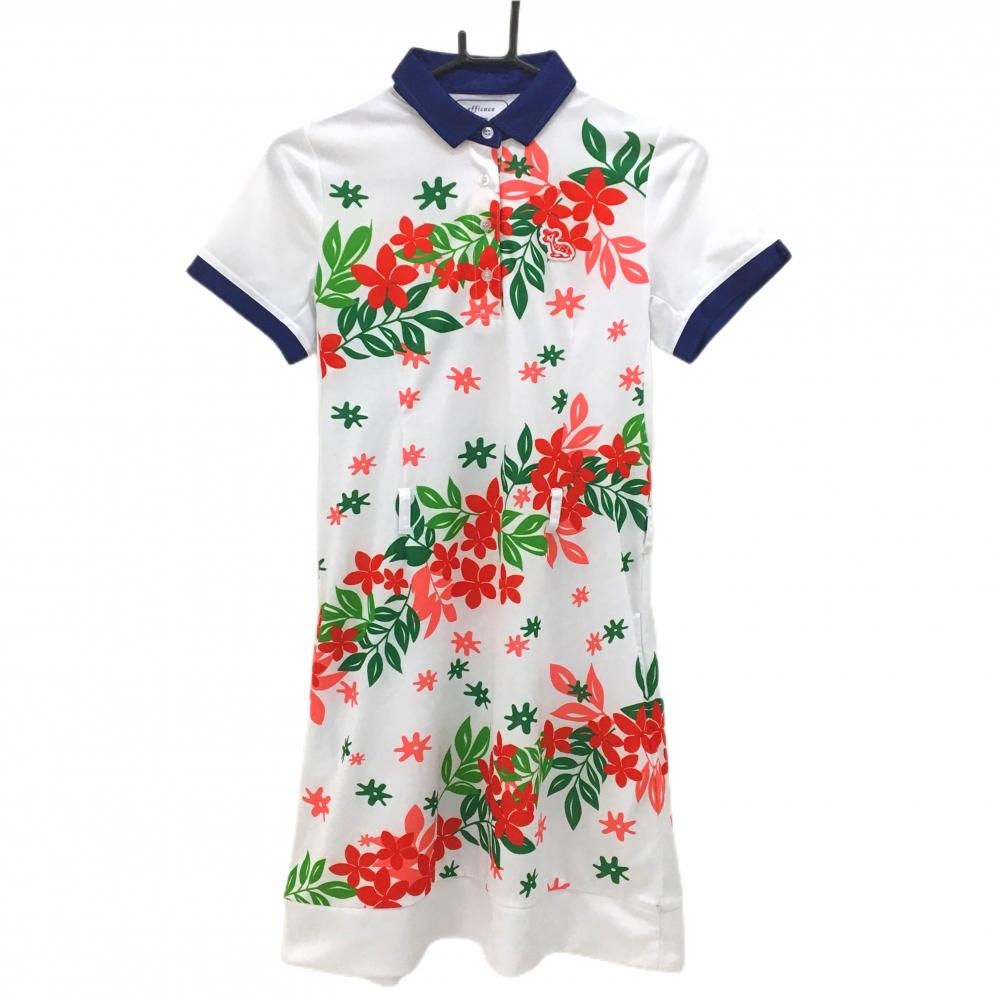 【美品】エフィカス 半袖ポロワンピース 白×レッド×グリーン 花柄 レディース 2(M) ゴルフウェア efficace