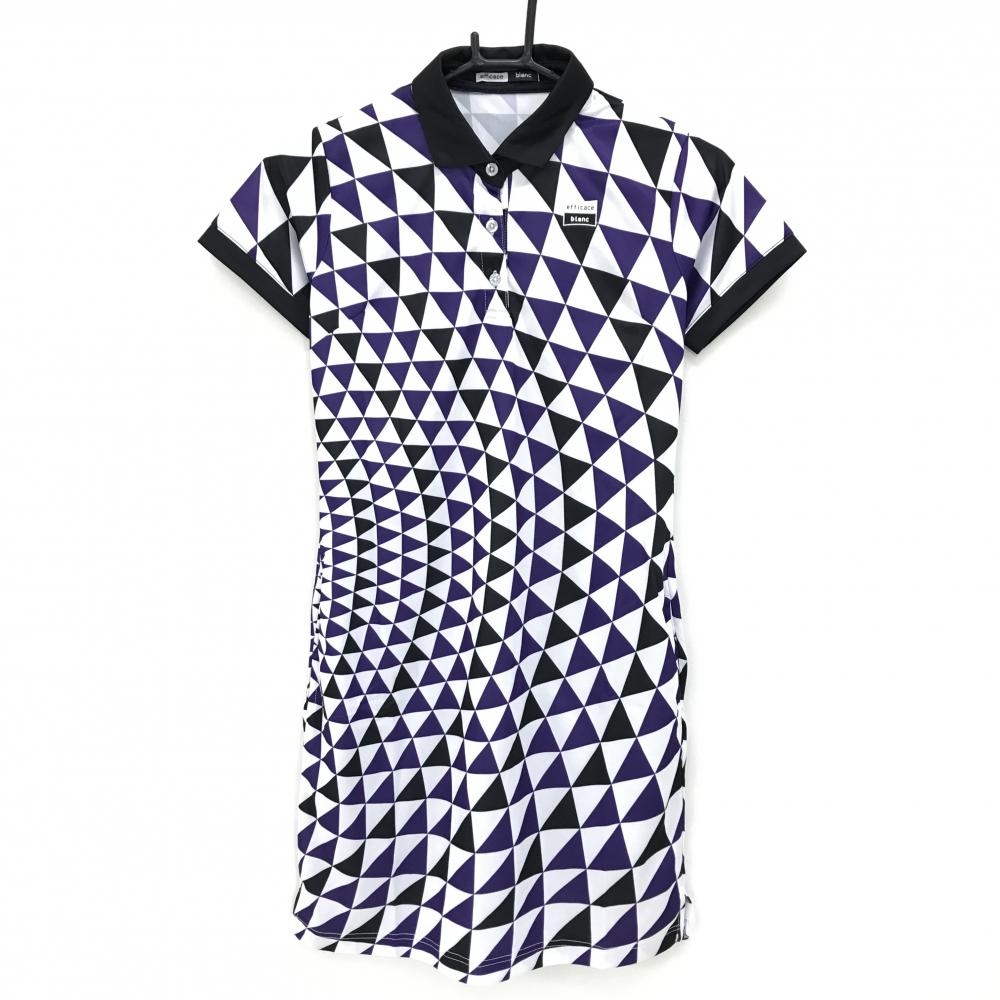 【美品】エフィカスブラン 半袖ポロワンピース 白×パープル×黒 総柄 インナーパンツ レディース M ゴルフウェア efficace