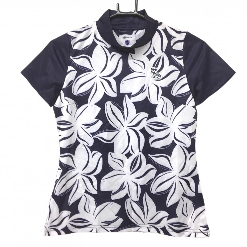 【超美品】エフィカス 半袖ハイネックシャツ ネイビー×白 花柄 ワッペン レディース 1(S) ゴルフウェア efficace