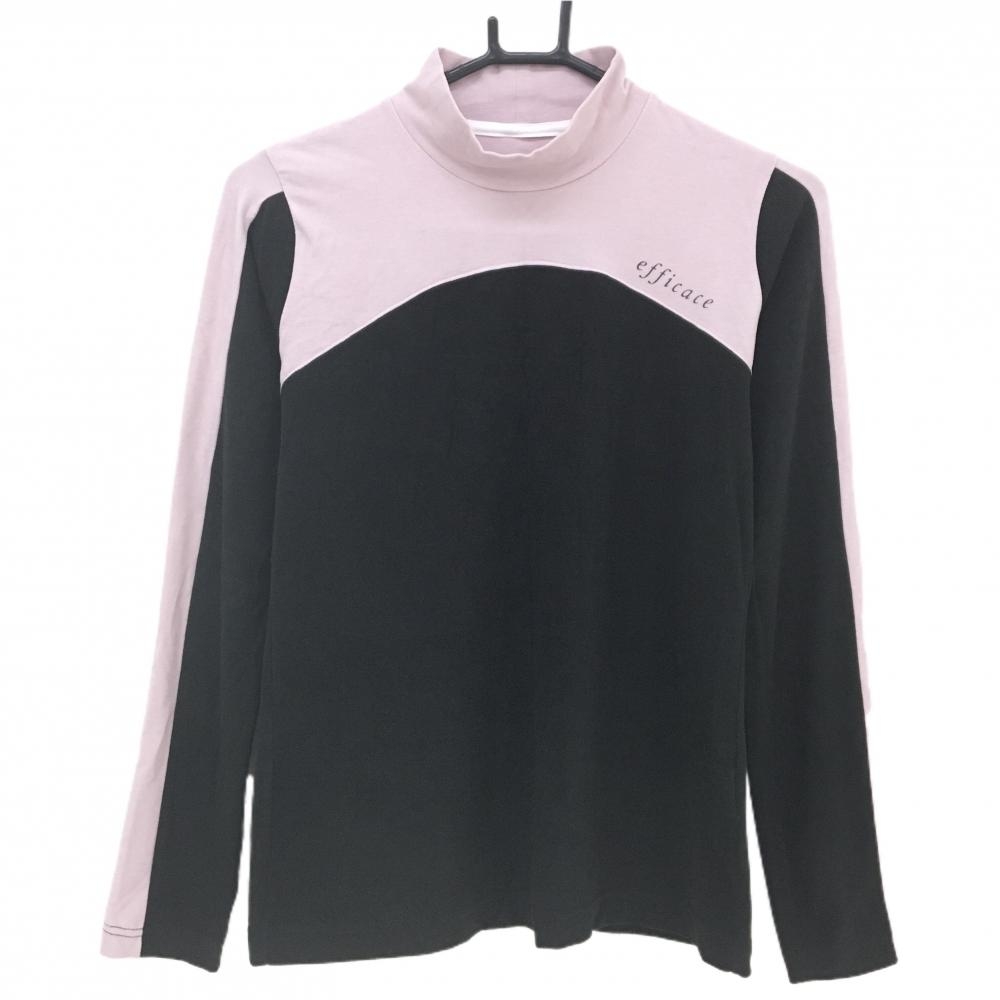 【美品】エフィカス 長袖ハイネックシャツ 黒×ピンク 胸ロゴ 微起毛 レディース S ゴルフウェア efficace