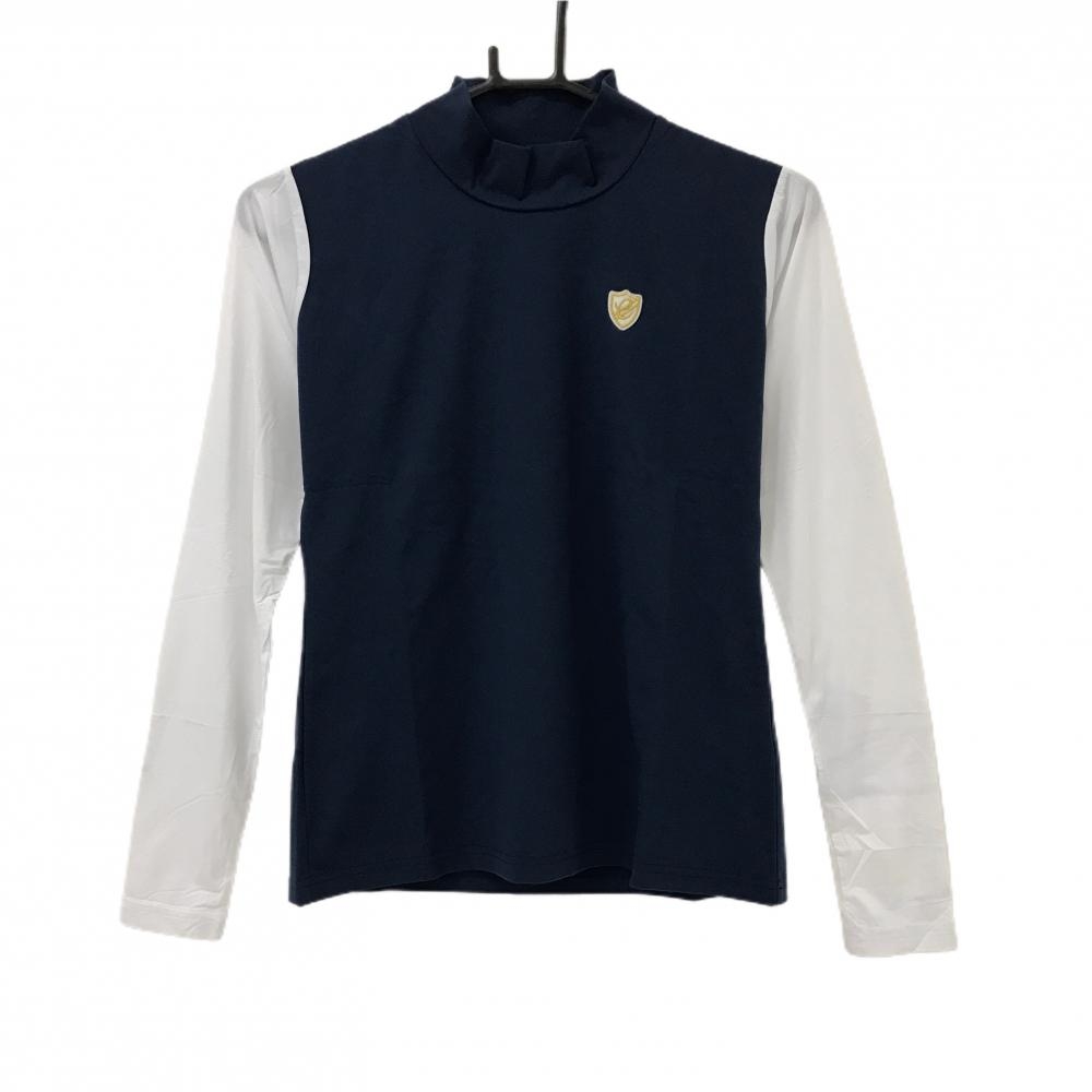 【新品】エフィカス 長袖ハイネックシャツ ネイビー×白 袖切替 UV レディース M ゴルフウェア efficace