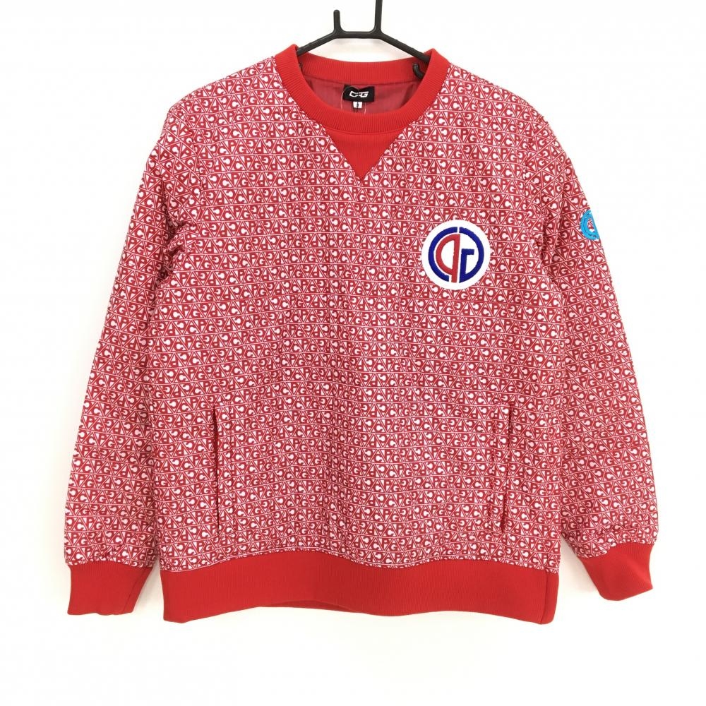 【新品】CPG 中綿スニード レッド×白 英字ロゴ総柄 蓄熱裏地 胸ロゴ ブルゾン メンズ 3(L) ゴルフウェア CPG