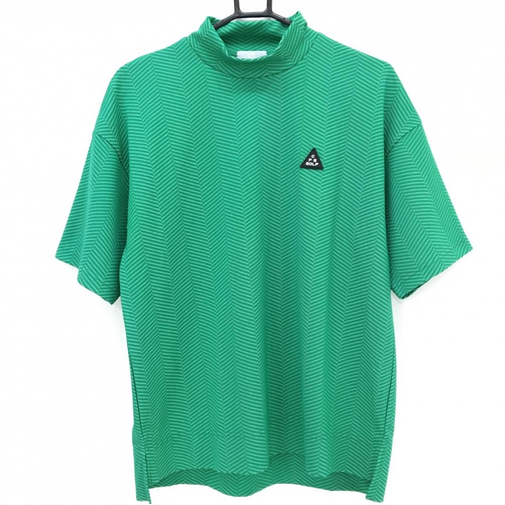 【新品】CPG 半袖ハイネックシャツ グリーン×白 ヘリンボーン総柄 ロゴシリコンワッペン メンズ 2(M) ゴルフウェア 2025年モデル CPG