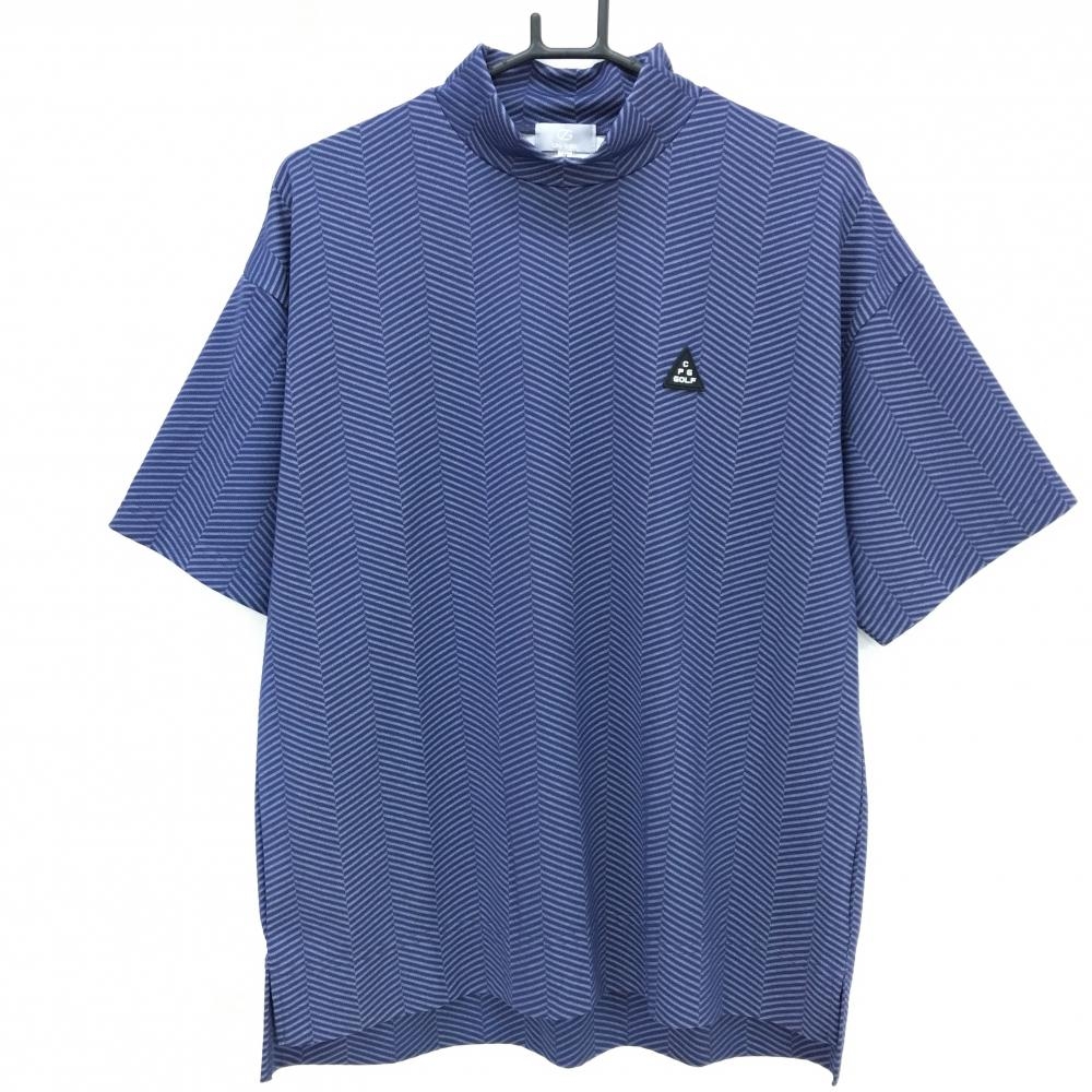 【新品】CPG 半袖ハイネックシャツ ネイビー×白 ヘリンボーン総柄 ロゴシリコンワッペン メンズ 3(L) ゴルフウェア 2025年モデル CPG
