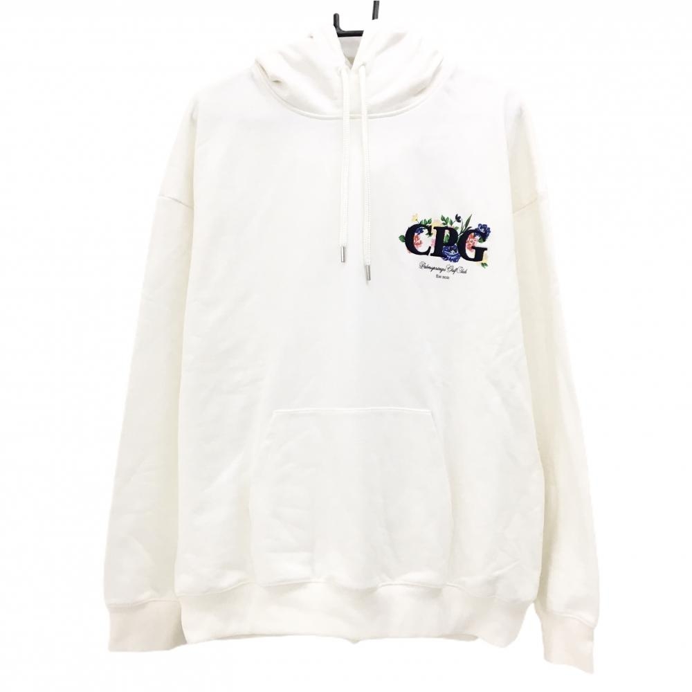 【新品】CPG パーカー 白×ネイビー 胸元ロゴ 花プリント 腹部ポケット メンズ 4(XL) ゴルフウェア 2025年モデル CPG
