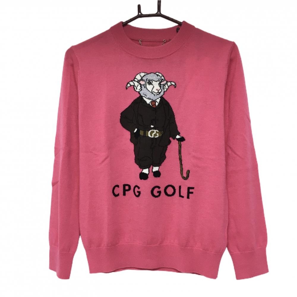 【新品】CPG セーター ピンク×ダークブラウン 羊柄 ウール50％ ニット レディース 2(M) ゴルフウェア 2024年モデル CPG