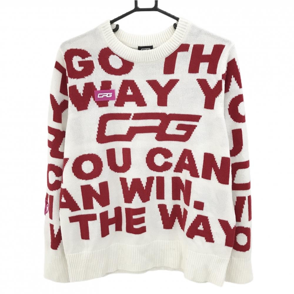 【超美品】CPG セーター 白×レッド 英字総柄 ウール混 ニット レディース LL ゴルフウェア CPG