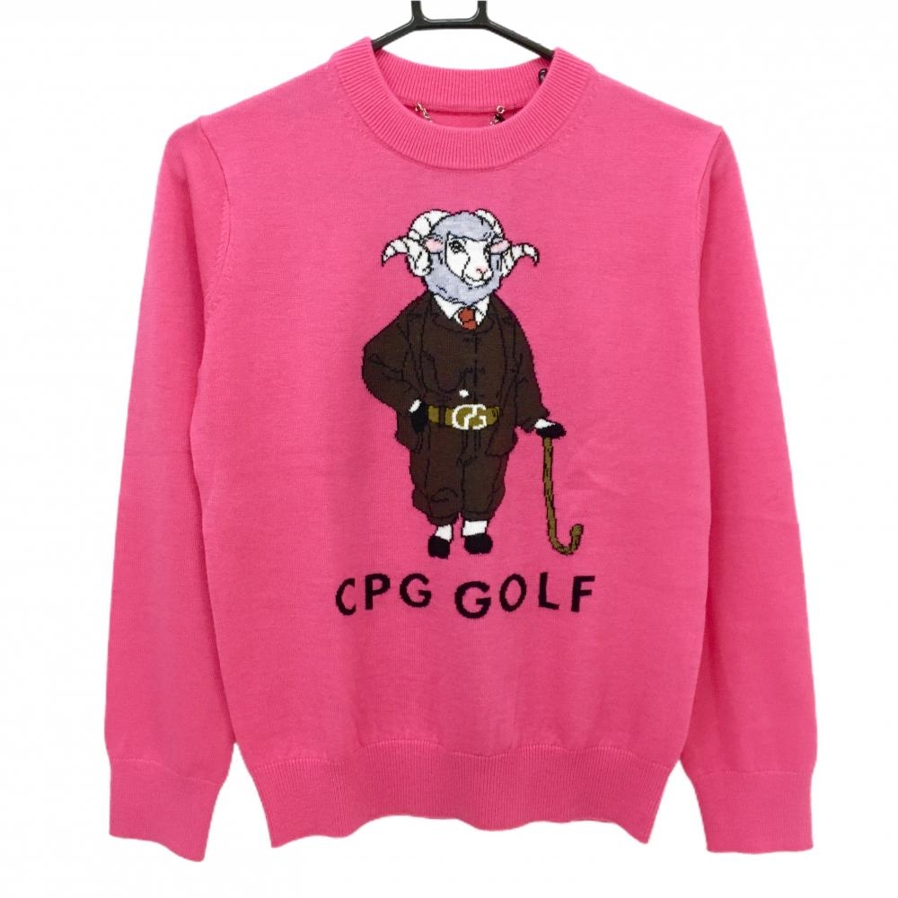 【新品】CPG セーター ピンク×ダークブラウン ヒツジ柄 ウール混 ニット レディース 1(S) ゴルフウェア 2024年モデル CPG