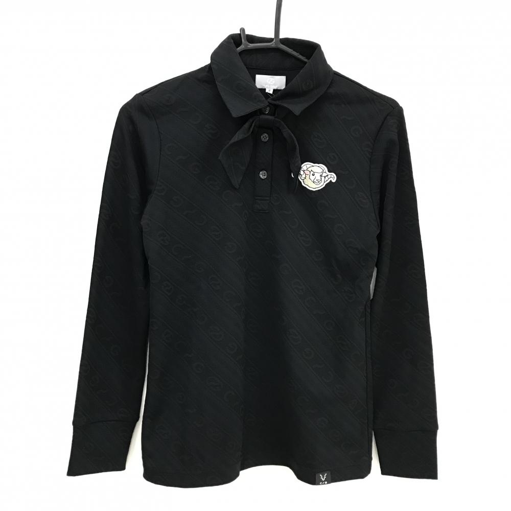 【新品】CPG 長袖ポロシャツ 黒 ロゴ地模様 斜めストライプ調 ヒツジワッペン  レディース 2(M) ゴルフウェア 2024年モデル CPG