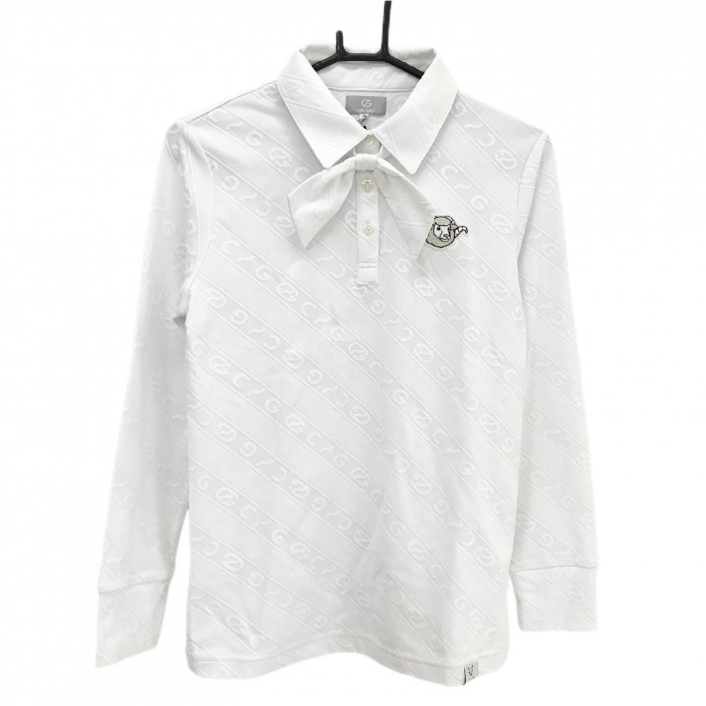 【新品】CPG 長袖ポロシャツ 白 ロゴ地模様 斜めストライプ調 ヒツジワッペン 蝶ネクタイ着脱可 レディース 2(M) ゴルフウェア CPG