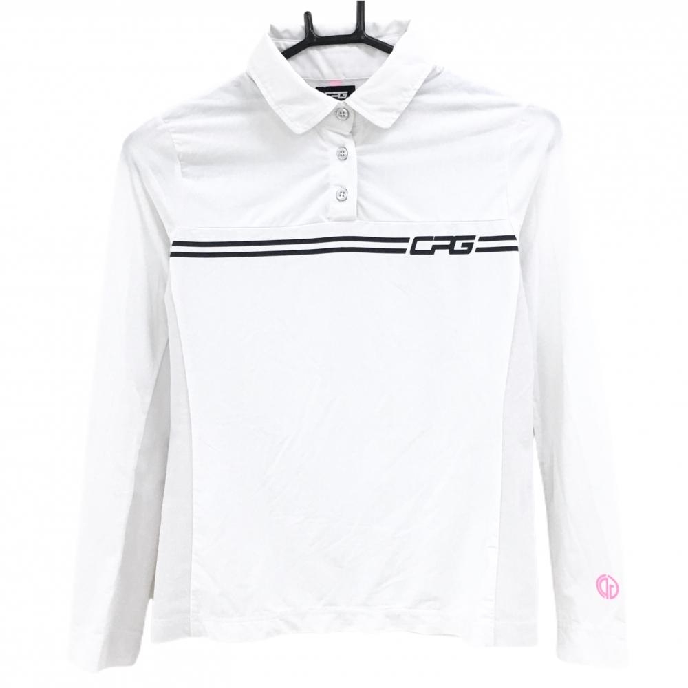 【美品】CPG 長袖ポロシャツ 白×黒×蛍光ピンク ロゴプリント 一部メッシュ レディース 1(S) ゴルフウェア CPG