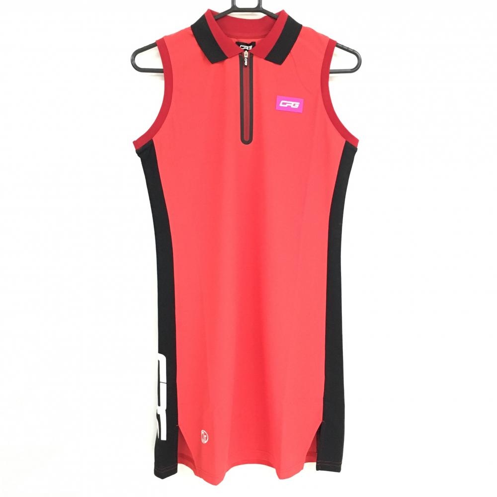 【新品】CPG ノースリーブワンピース レッド×黒 襟バイカラー ハーフジップ インナーパンツ付 レディース L ゴルフウェア CPG