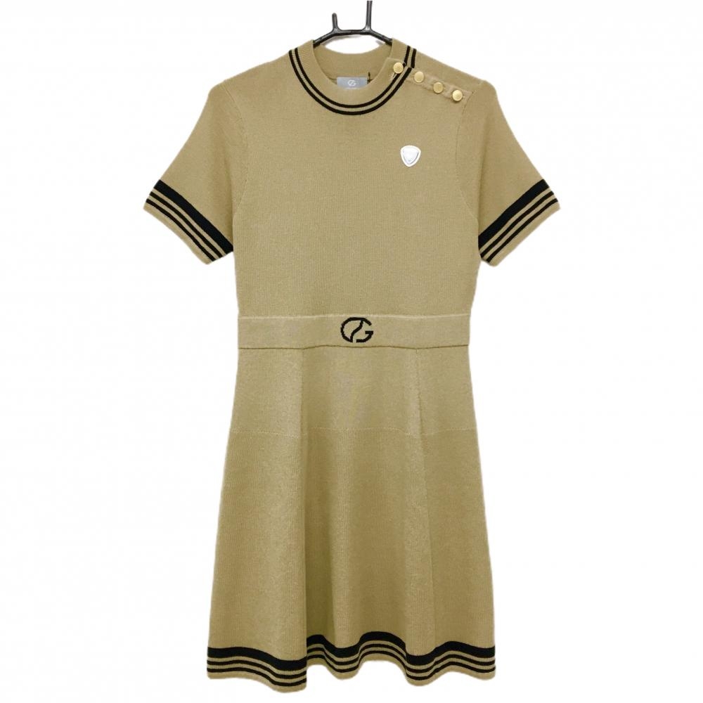 【新品】CPG 半袖ニットワンピース ベージュ×黒 肩ボタン 立体ロゴ レディース 3(L) ゴルフウェア 2024年モデル CPG