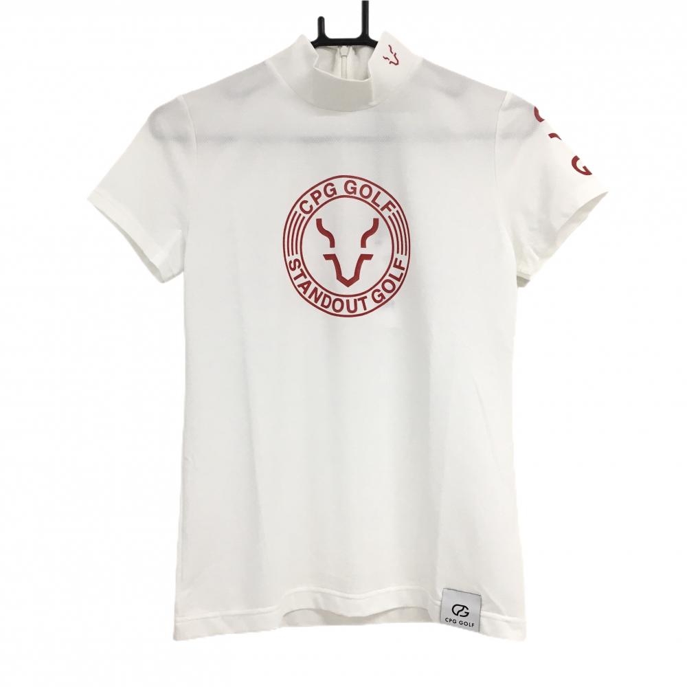 【新品】CPG 半袖ハイネックシャツ 白×レッド メッシュ調 ロゴプリント 後ろハーフジップ レディース 2(M) ゴルフウェア 2024年モデル CPG