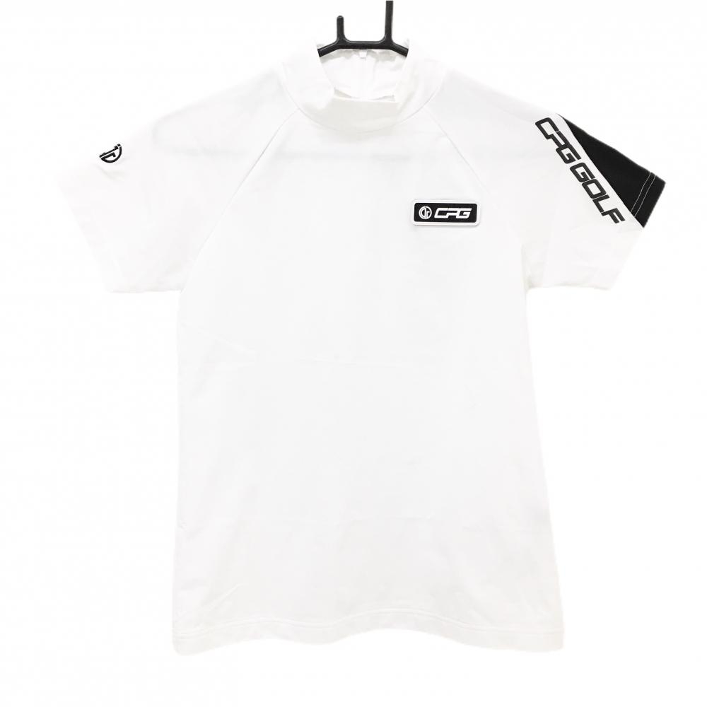 【美品】CPG 半袖ハイネックシャツ 白×黒 背面ジップ ラバーワッペン レディース 2(M) ゴルフウェア CPG