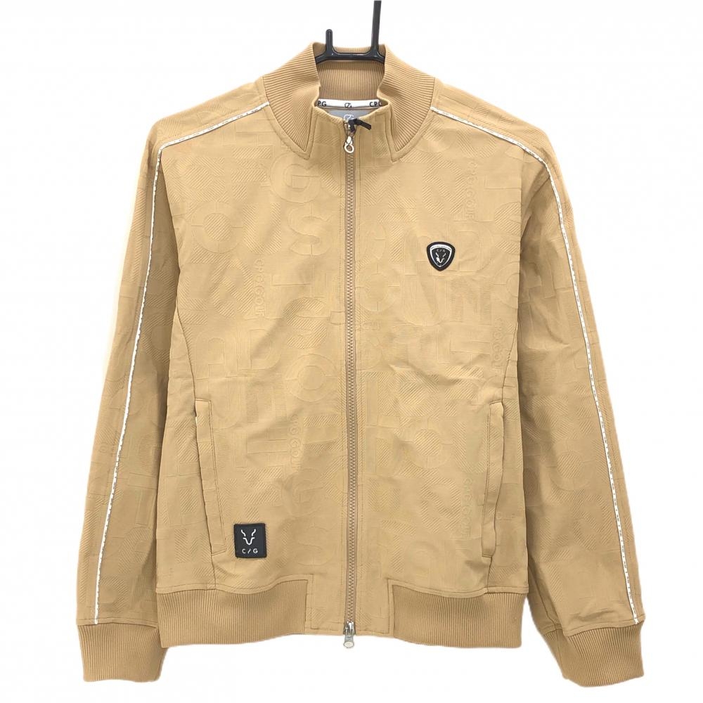 【新品】CPG ジャケットブルゾン ベージュ×白 英字地模様 肩・袖ロゴライン 立体ロゴ レディース 3(L) ゴルフウェア 2024年モデル CPG