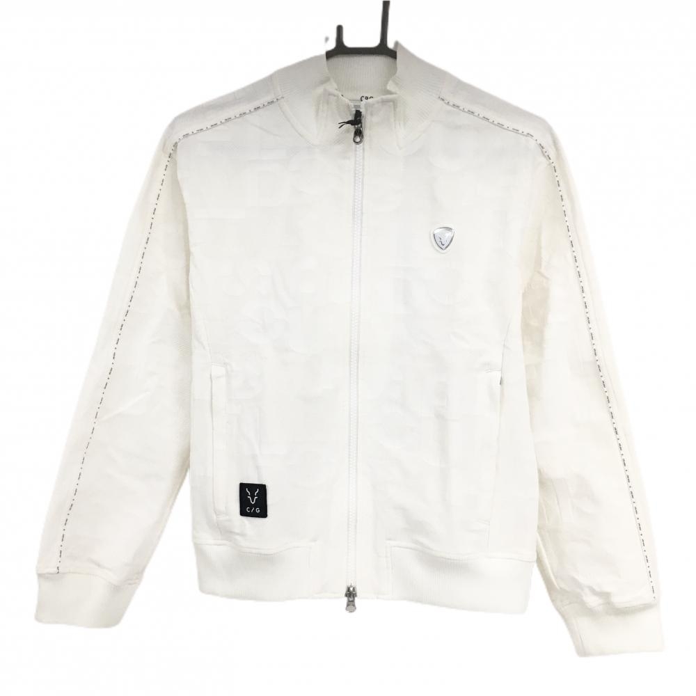 【新品】CPG ジャケットブルゾン 白 英字地模様 肩・袖ロゴライン 立体ロゴ レディース 2(M) ゴルフウェア 2024年モデル CPG
