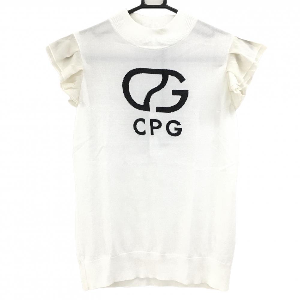 【新品】CPG 半袖ハイネックセーター 白 ロゴ黒 袖フリル ニット レディース 2(M) ゴルフウェア 2024年モデル CPG