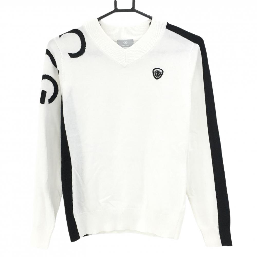 【美品】CPG セーター 白×黒 袖ロゴ Vネック ニット レディース 2(M) ゴルフウェア 2024年モデル CPG