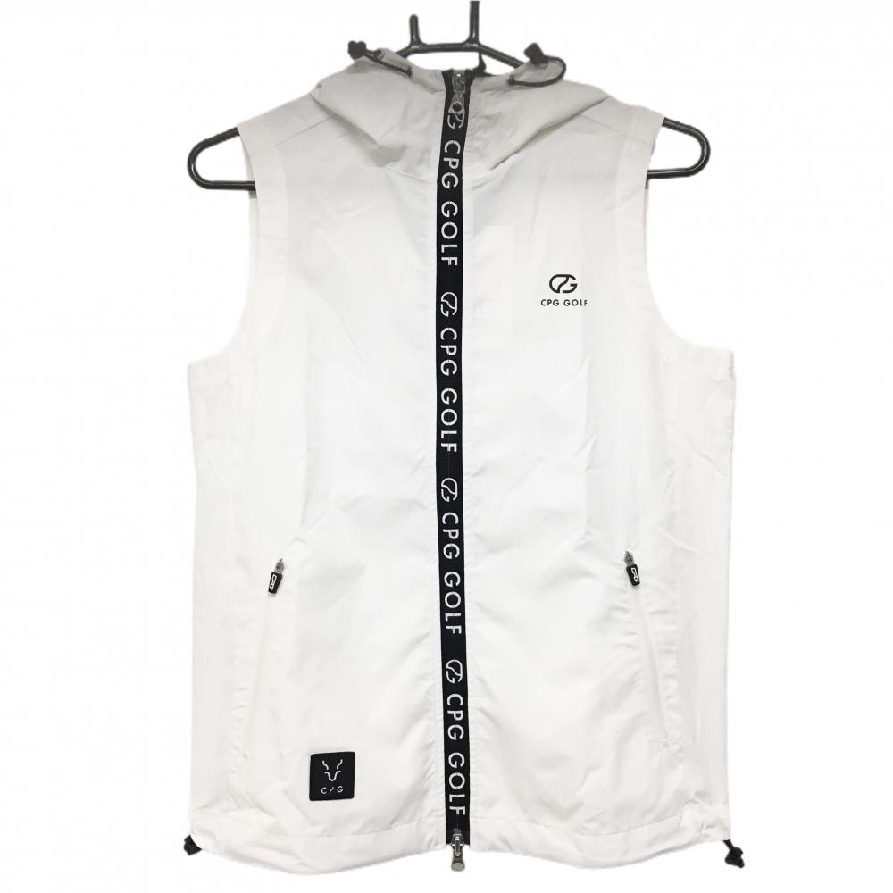 【新品】CPG フード付きアウターベスト 白×黒 ファスナー部ロゴライン ドローコード レディース 2(M) ゴルフウェア 2024年モデル CPG