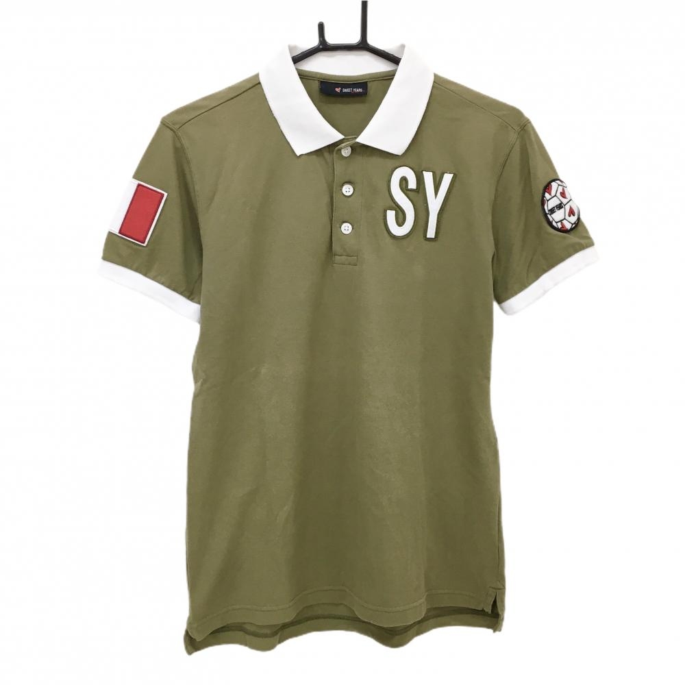 SY32 半袖ポロシャツ カーキ×白 複数ワッペン メンズ M ゴルフウェア SY32 BY SWEET YEARS