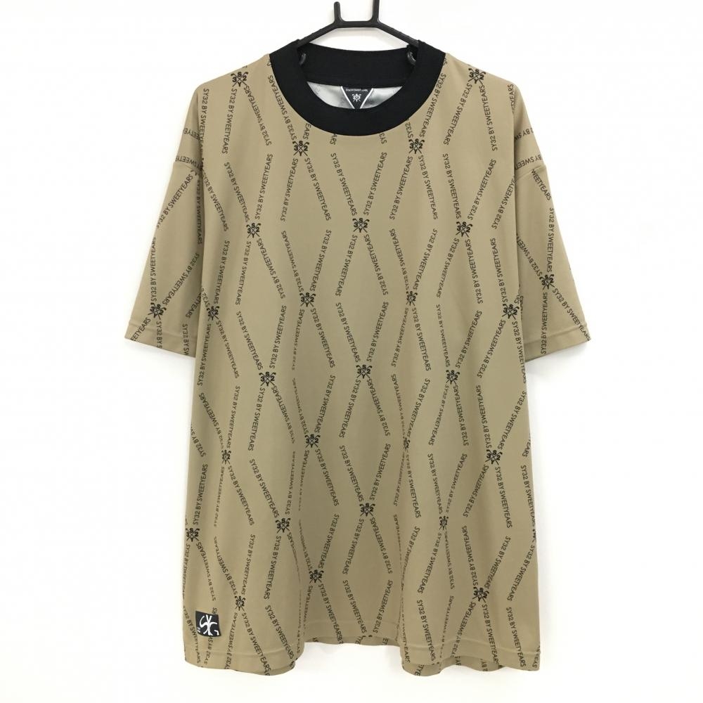 【超美品】SY32 半袖ハイネックシャツ ベージュ系×黒 ロゴ総柄 メンズ 4L ゴルフウェア SY32 BY SWEET YEARS