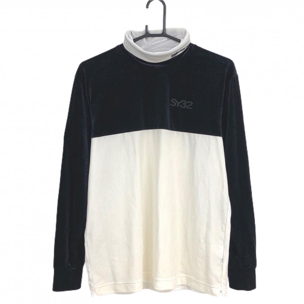 【超美品】SY32 長袖タートルネックシャツ 黒×白 ベロア ストレッチ バイカラー  メンズ M ゴルフウェア SY32 BY SWEET YEARS