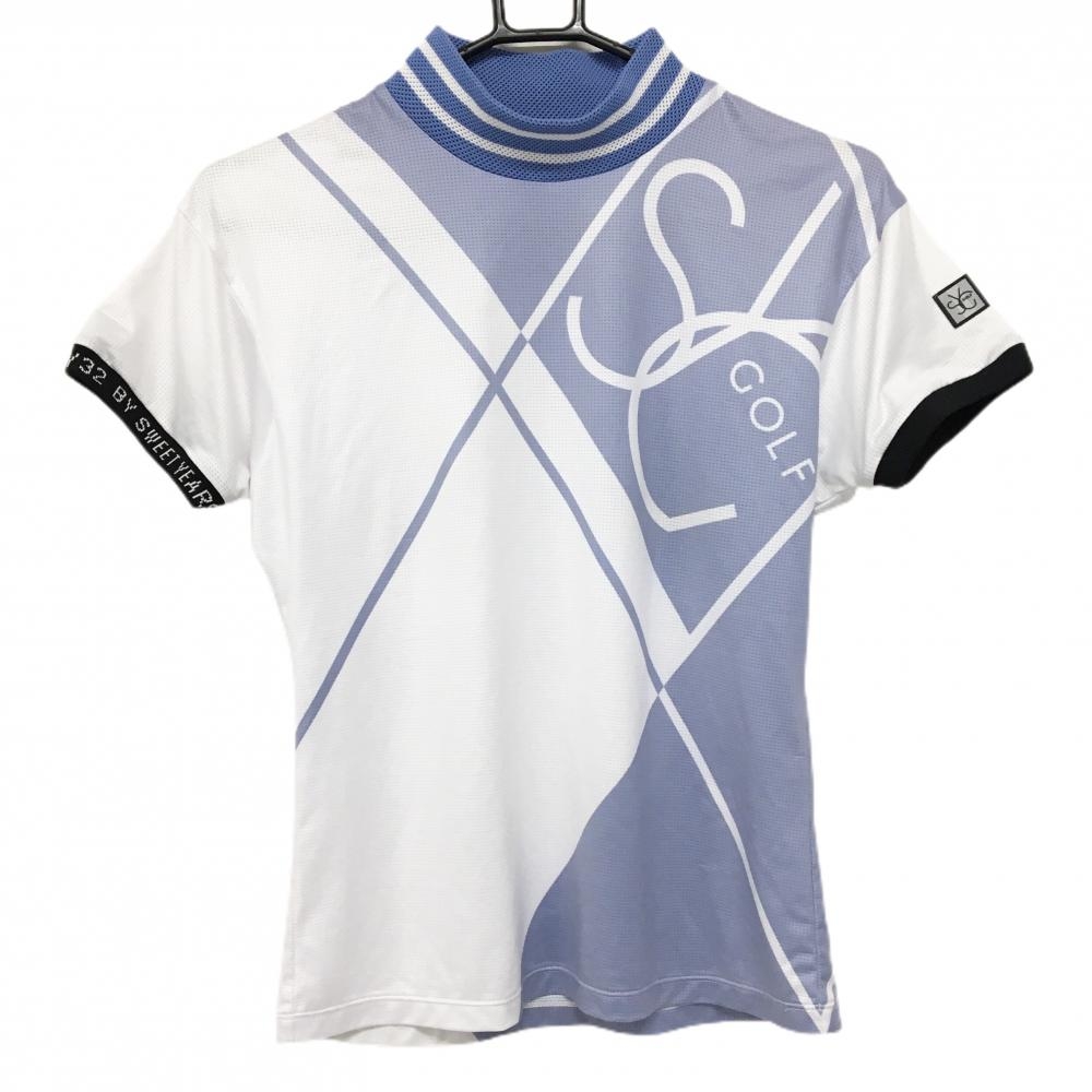 【超美品】SY32 半袖ハイネックシャツ 白×ライトブルー メッシュ調  レディース M ゴルフウェア SY32 BY SWEET YEARS