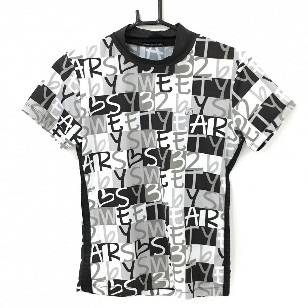 【美品】SY32 半袖ハイネックシャツ ダークブラウン×白 ロゴ総柄 ストレッチ レディース M ゴルフウェア SY32 BY SWEET YEARS