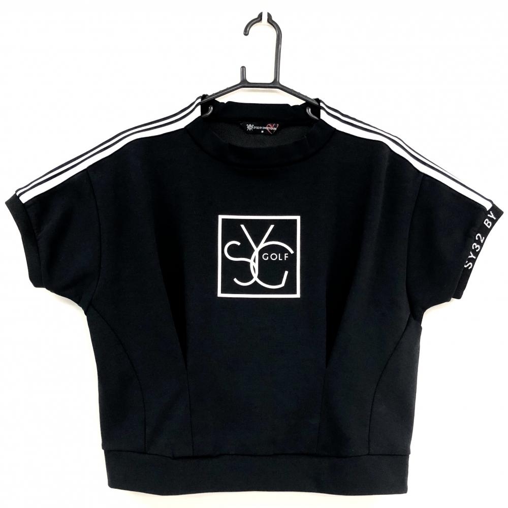 【美品】SY32 半袖トレーナー 黒×白 肩ライン フロントロゴ レディース M ゴルフウェア SY32 BY SWEET YEARS