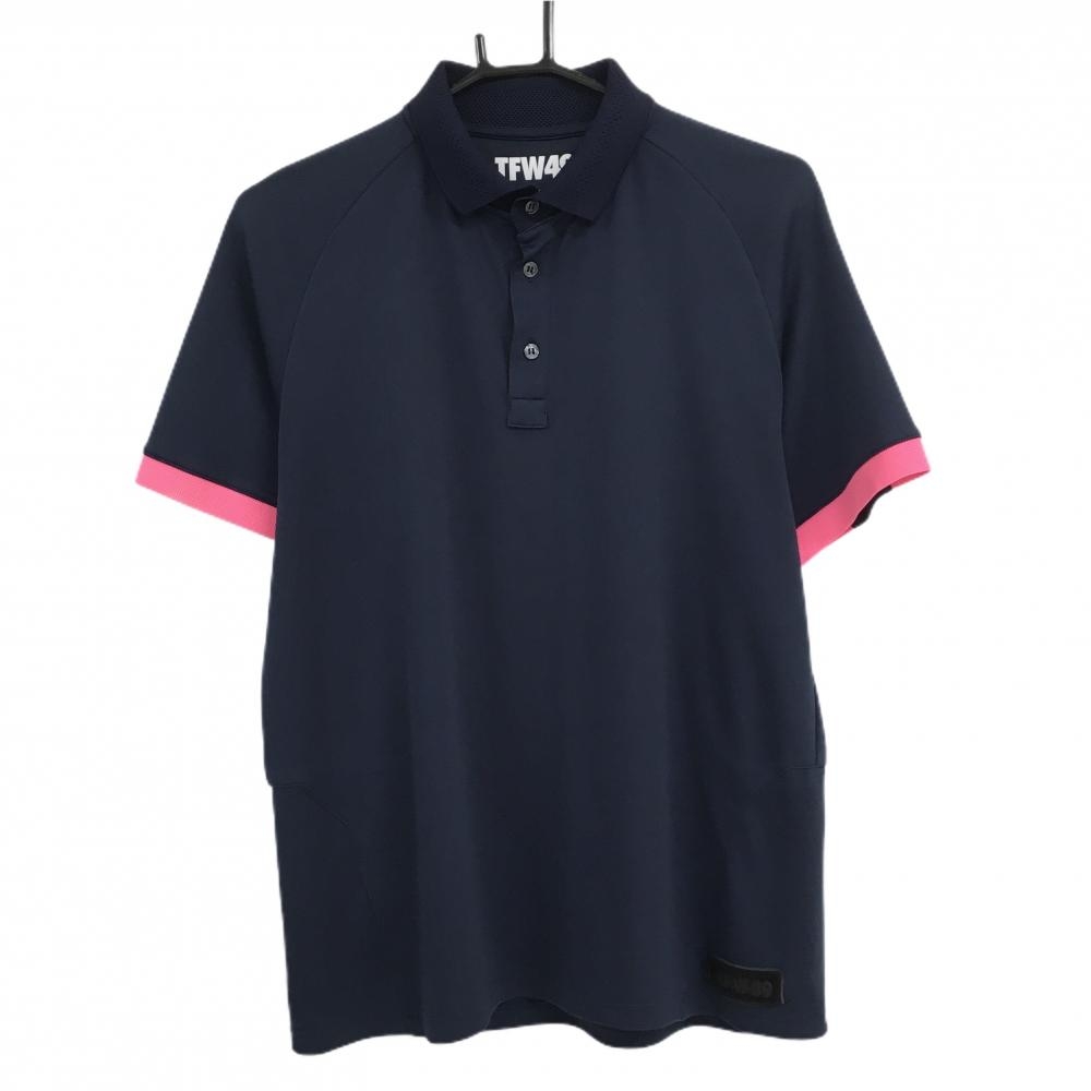 【超美品】TFW49 半袖ポロシャツ ネイビー 袖口蛍光ピンク 襟メッシュニット メンズ 5(L) ゴルフウェア TFW49