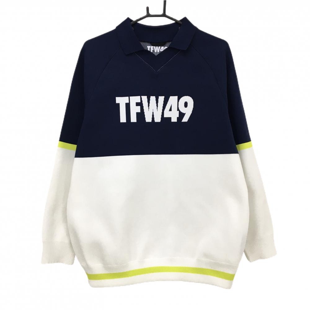 【超美品】TFW49 襟付セーター 白×ネイビー ロゴ 抗ピリング性 UVカット ニット メンズ L ゴルフウェア TFW49
