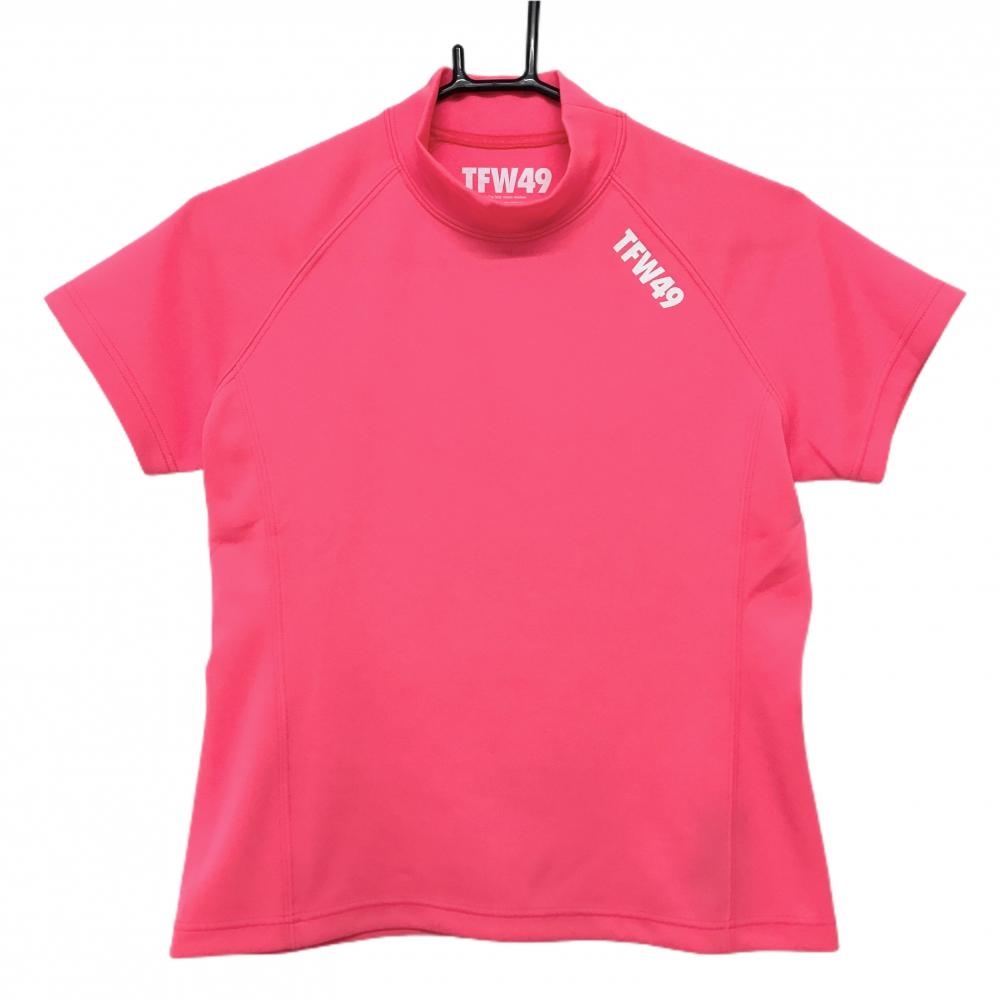 【超美品】TFW49 半袖ハイネックシャツ 蛍光ピンク×白 ロゴプリント レディース M ゴルフウェア TFW49
