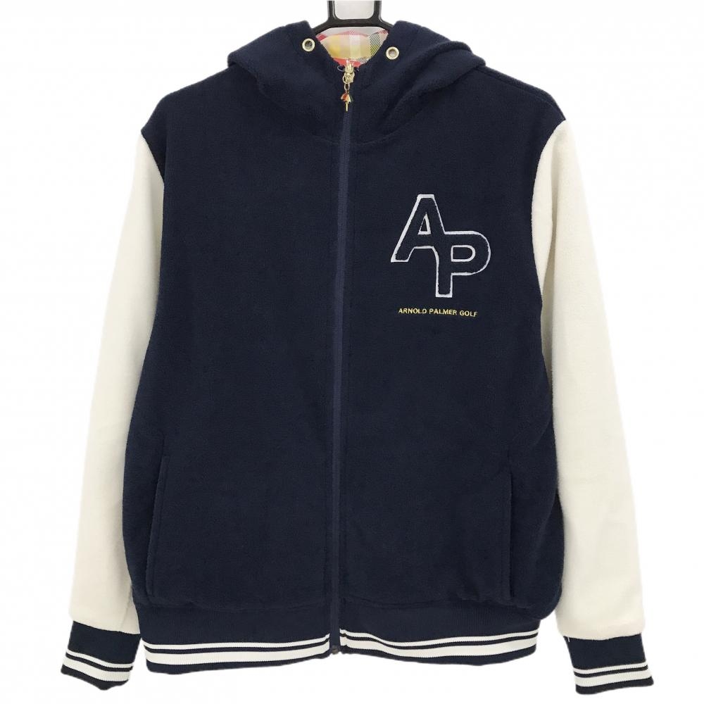 【新品】アーノルドパーマー リバーシブルジャケット ネイビー×白 フード 微起毛 裏チェック メンズ M ゴルフウェア Arnold Palmer