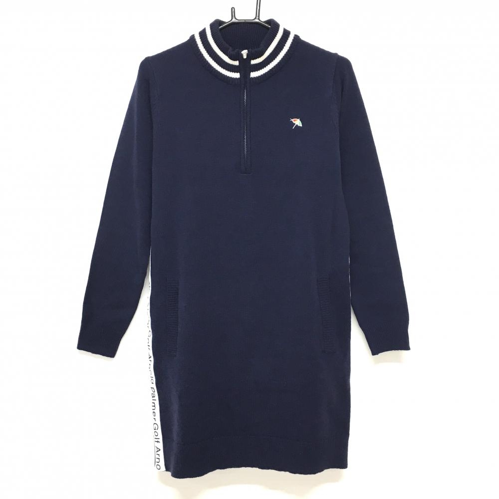 アーノルドパーマー ニットハイネックワンピース ネイビー×白 サイドロゴライン ハーフジップ レディース L ゴルフウェア Arnold Palmer