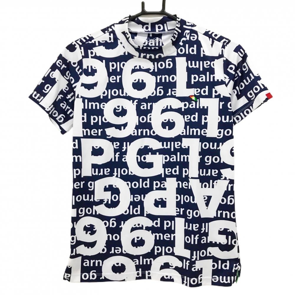 【超美品】アーノルドパーマーゴルフ 半袖ハイネックシャツ ネイビー×白 ロゴ総柄  レディース M ゴルフウェア Arnold Palmer
