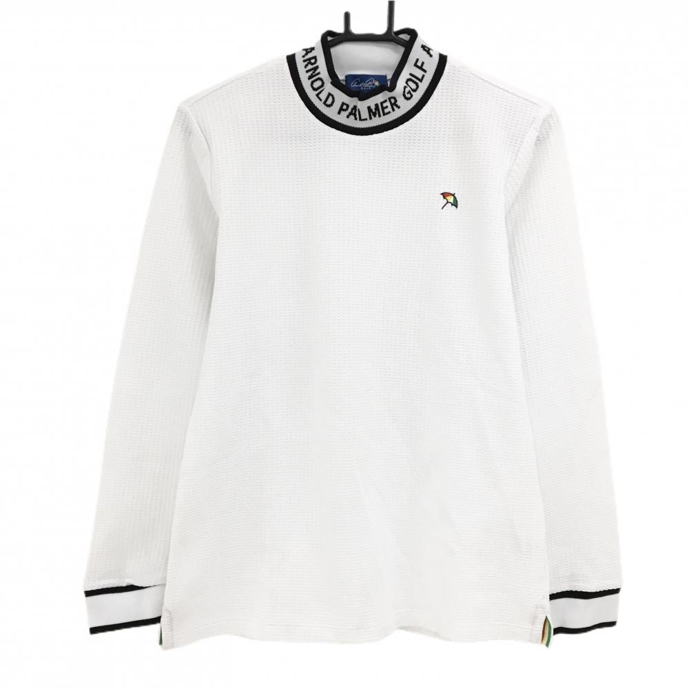 【超美品】アーノルドパーマーゴルフ 長袖ハイネックシャツ 白×黒 ワッフル生地 ネックロゴ レディース O(XL) ゴルフウェア Arnold Palmer