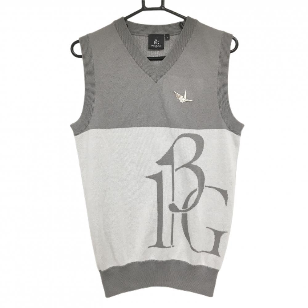 【美品】ウノピゥウノウグァーレトレゴルフ ニットベスト グレー×白 コットン混 Ｖネック メンズ III(S) ゴルフウェア 1PIU1UGUALE3 