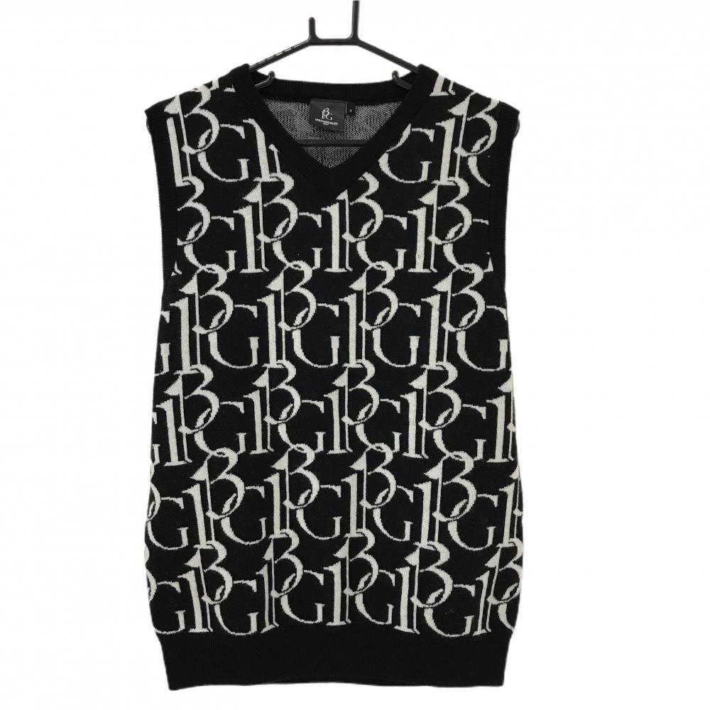 【美品】ウノピゥウノウグァーレトレゴルフ ニットベスト 黒×白 ロゴ総柄 ウール100％ メンズ V(L) ゴルフウェア 1PIU1UGUALE3 