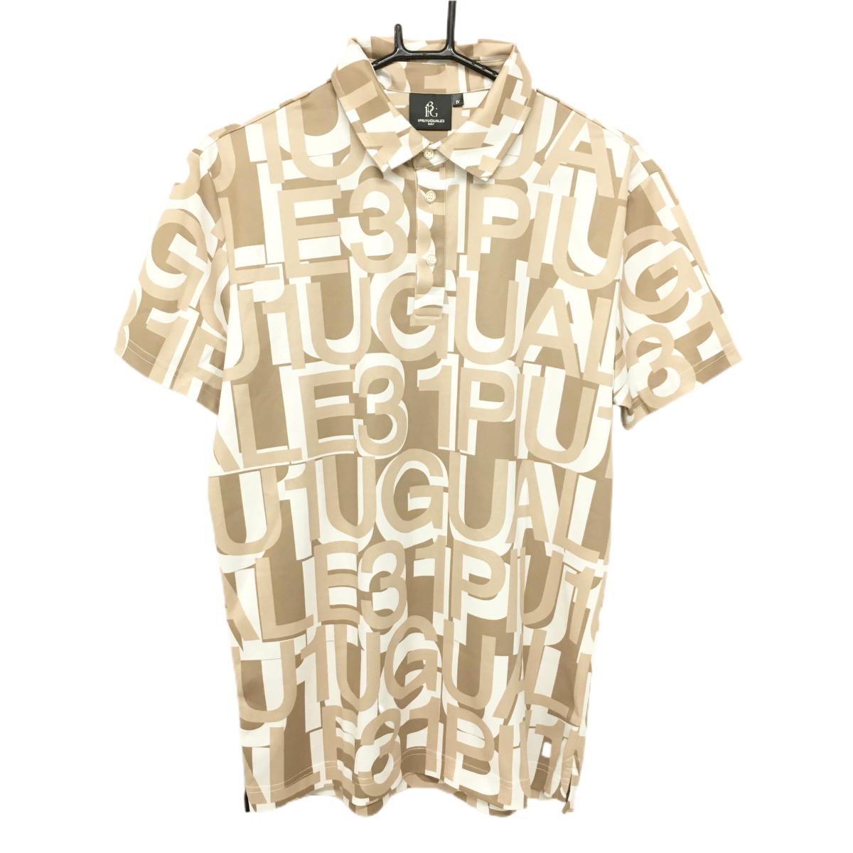 【美品】ウノピゥウノウグァーレトレゴルフ 半袖ポロシャツ ベージュ×白×ブラウン ロゴ総柄  メンズ IV(M) ゴルフウェア 1PIU1UGUALE3 