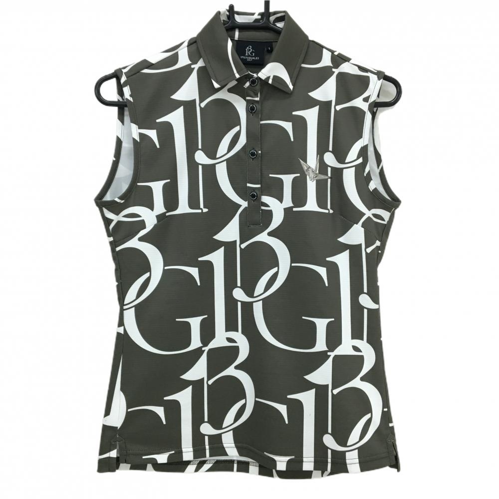 【超美品】ウノピゥウノウグァーレトレゴルフ ノースリーブポロシャツ カーキ×白 ロゴ総柄 レディース II(M) ゴルフウェア 1PIU1UGUALE3 