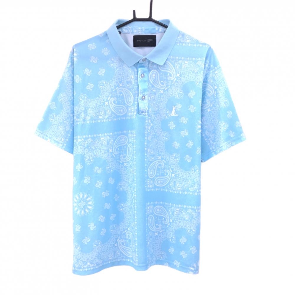 【美品】エフアールツー 半袖ポロシャツ ライトブルー×白 総柄 ペイズリー  メンズ XL ゴルフウェア #FR2 GOLF