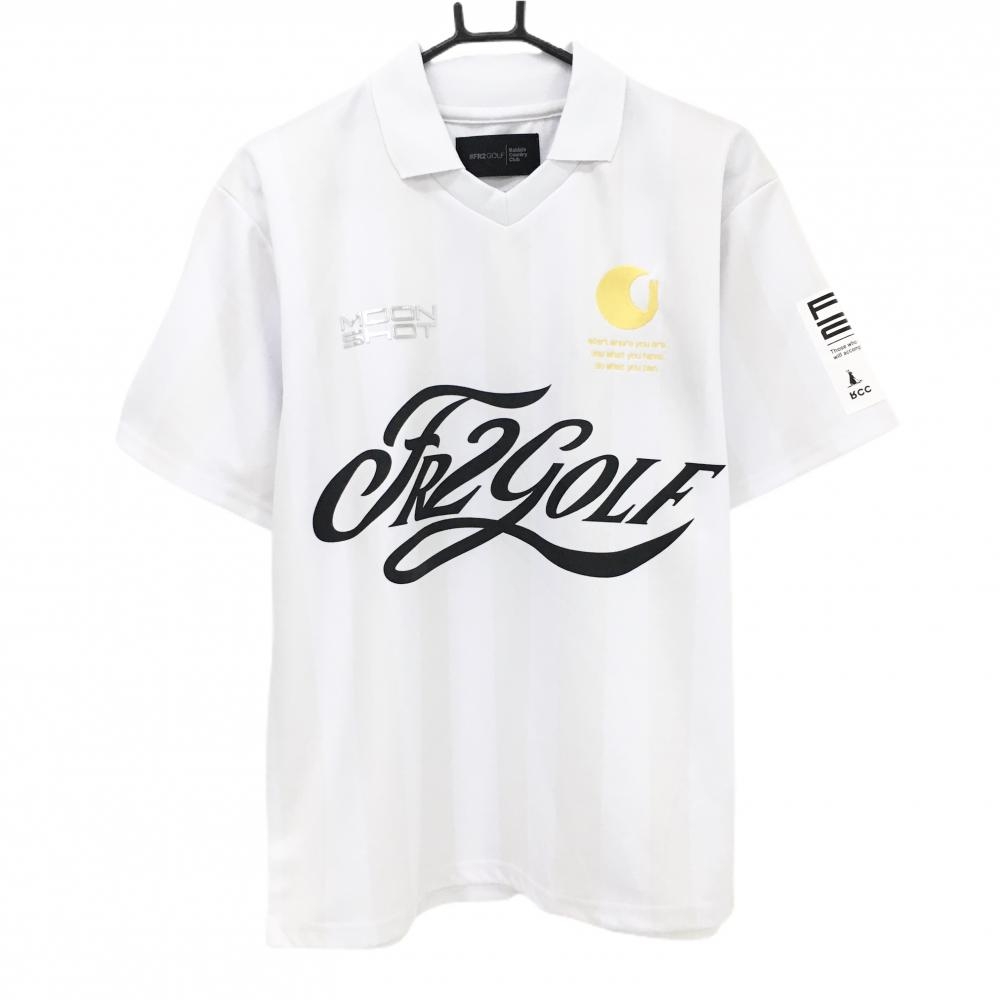 【超美品】エフアールツー 襟付き半袖シャツ 白×ライトベージュ ストライプ バックロゴ メンズ L ゴルフウェア #FR2 GOLF