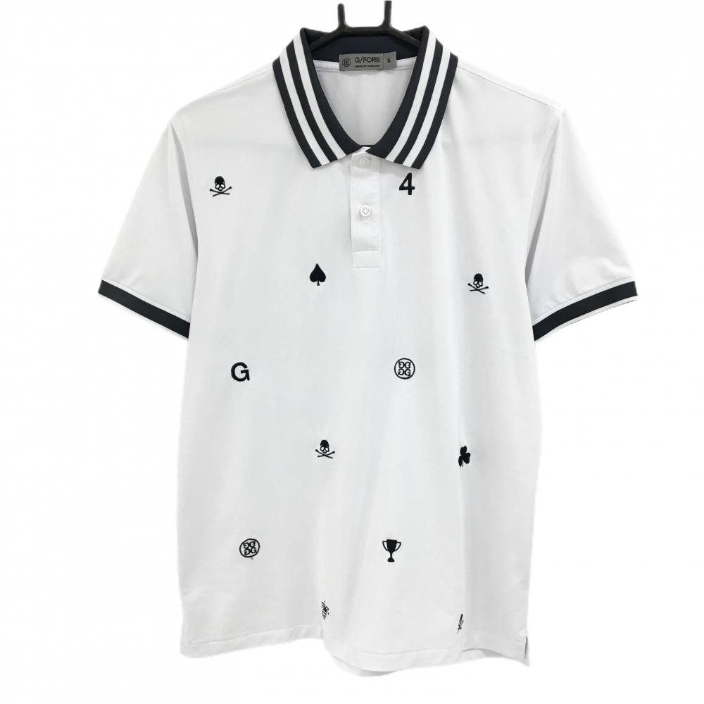 ジーフォア 半袖ポロシャツ 白×ネイビー 前面刺しゅう総柄 メンズ S ゴルフウェア G/FORE