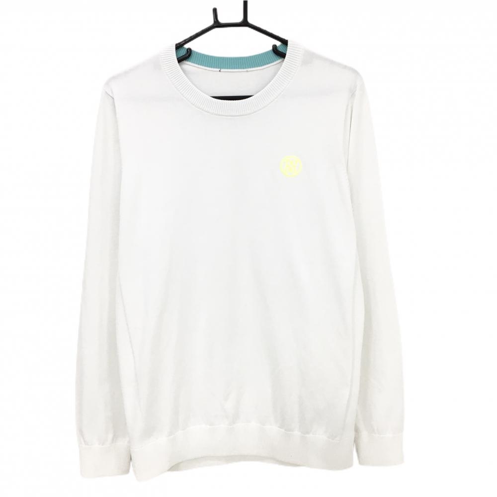 【美品】ジーフォア セーター 白 ロゴ蛍光イエロー ニット メンズ 1003 ゴルフウェア G/FORE