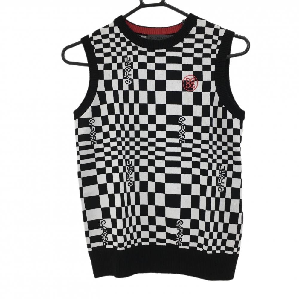 【美品】ジーフォア ニットベスト 黒×白 ブロックチェック ロゴ  レディース 36(S) ゴルフウェア G/FORE