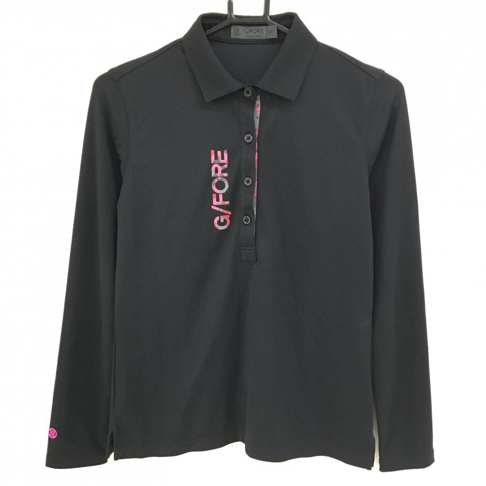 【美品】ジーフォア 長袖ポロシャツ 黒×ピンク ロゴ・襟裏カモフラ 迷彩  レディース 38(M) ゴルフウェア G/FORE