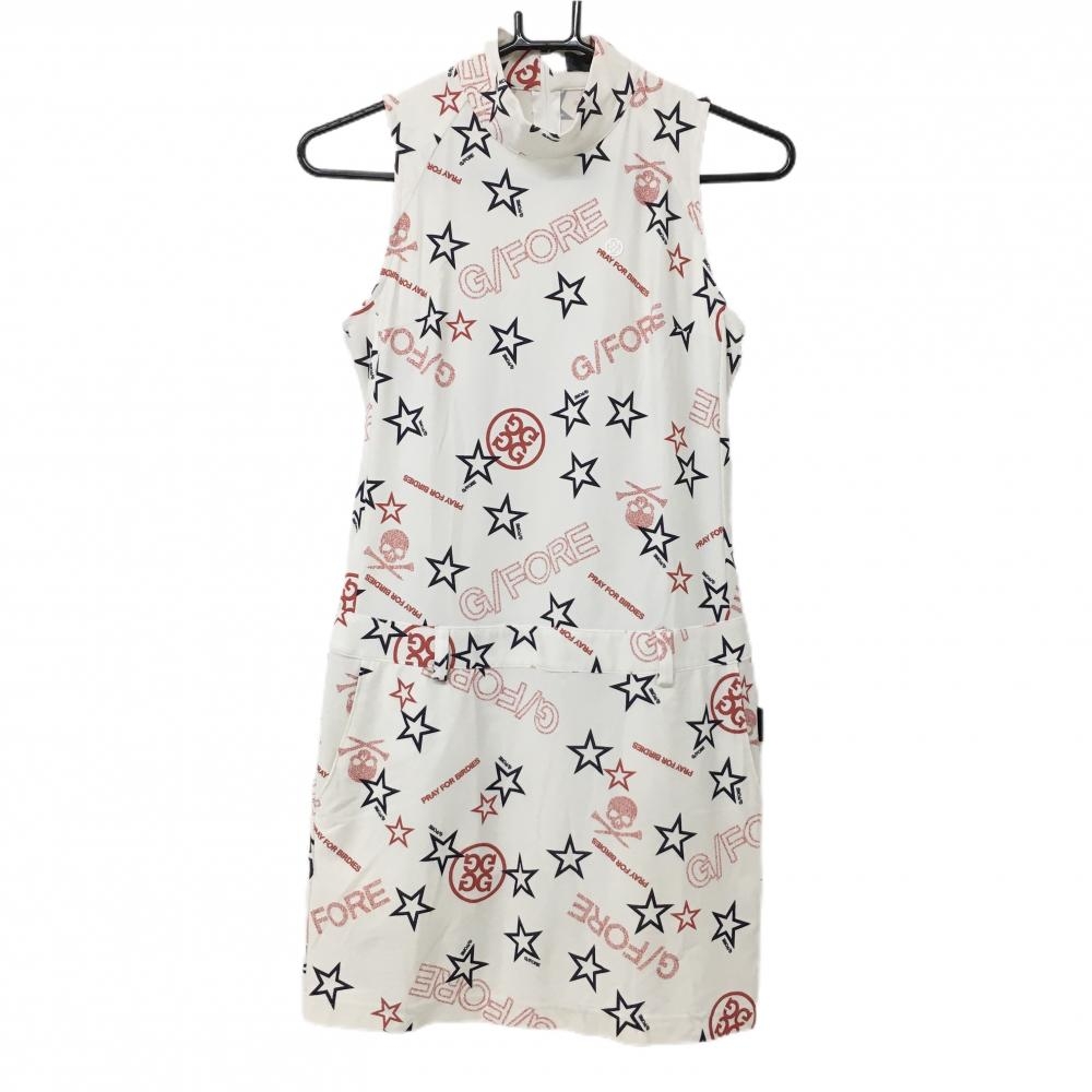 ジーフォア ノースリーブワンピース 白×ネイビー 星柄 ロゴ ハイネック レディース 1036 ゴルフウェア G/FORE