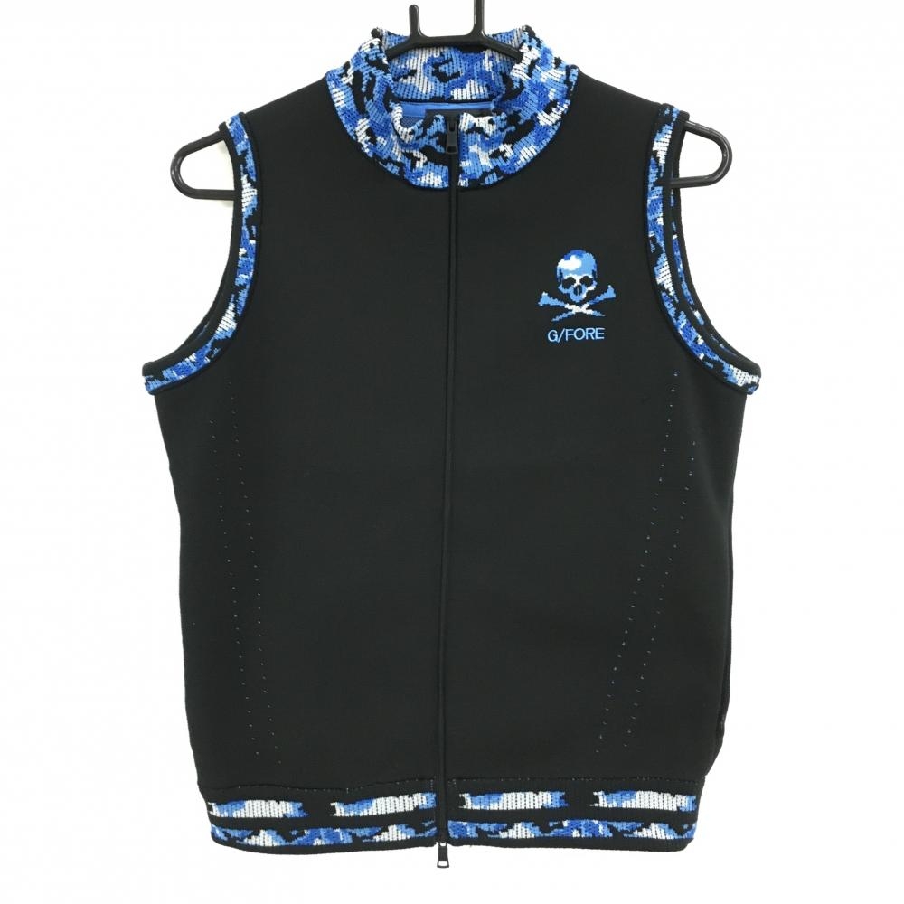ジーフォア ニットジップベスト 黒×ブルー スカル レディース 38(M) ゴルフウェア G/FORE
