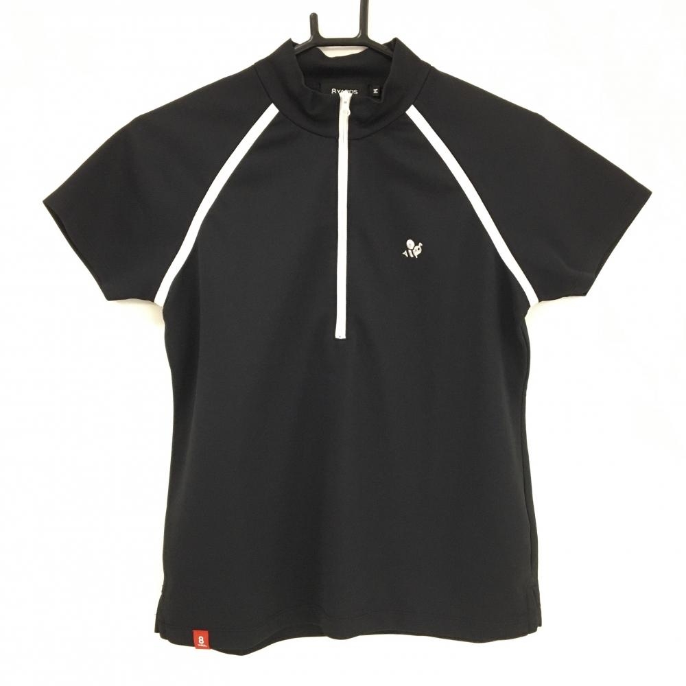 【美品】ハチヤーズ 半袖ハイネックシャツ 黒×白 ハーフジップ ワッペン レディース M ゴルフウェア 8YARDS